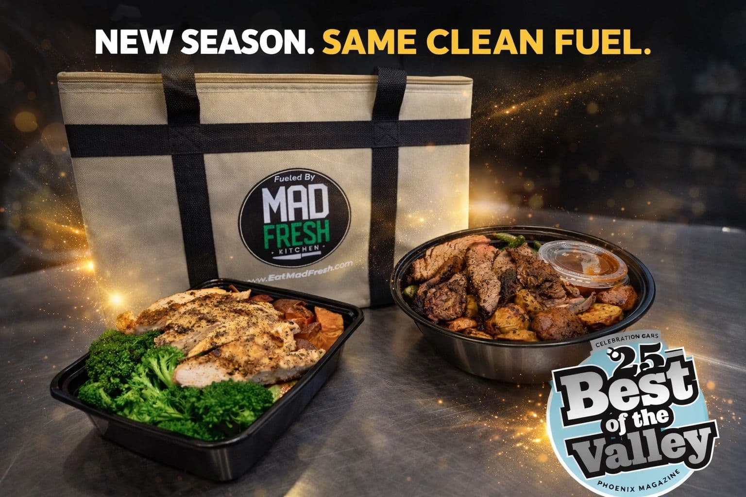 Mad Fresh meals packed in branded containers with the delivery bag