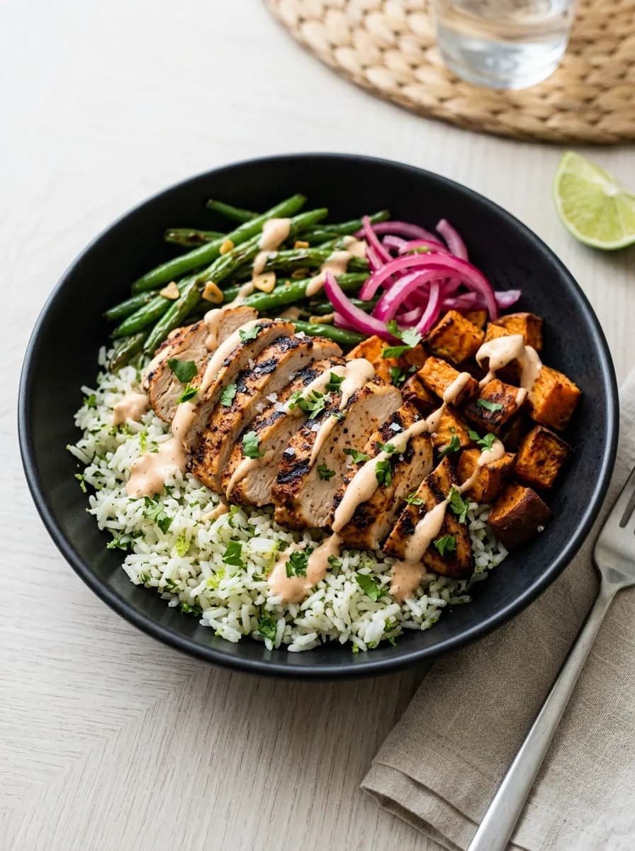A Mad Fresh chipotle crema bowl with grilled chicken, cilantro-lime rice and roasted vegetables